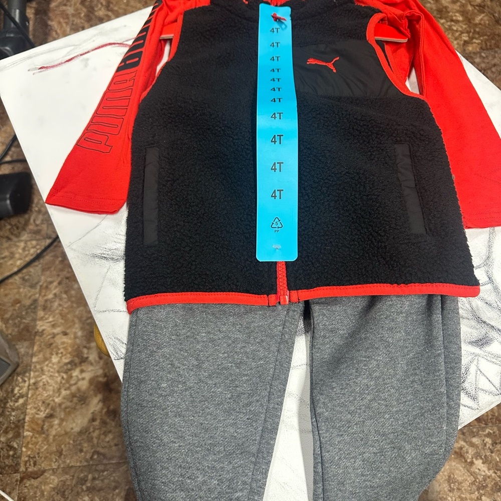 Puma Red and Black Kids' Jacket with Gray Pants